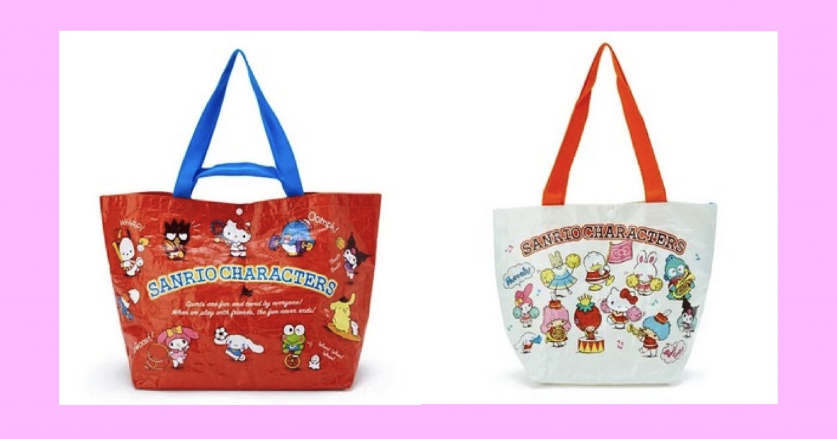 スポーツ＆応援シリーズのトートバッグと手提げバッグ♪ 登場キャラクターは、ポチャッコ・バッドばつ丸・ハローキティ・タキシードサム・クロミ・ぐでたま・マイメロディ・シナモロール（シナモン）・けろけろけろっぴ・ポムポムプリン・マロンクリーム・あひるのペックル・チアリーチャム・ハンギョドン・リトルツインスターズ（キキララ）・いちごの王さま♡