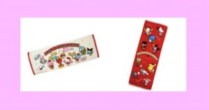 スポーツ＆応援バージョンのスポーツタオル（フェイスタオル）♪ 登場キャラクターは、マイメロディ・マロンクリーム・あひるのペックル・チアリーチャム・ハンギョドン・シナモロール（シナモン）・リトルツインスターズ（キキララ）・いちごの王さま・ハローキティ・ポチャッコ・タキシードサム・バッドばつ丸・けろけろけろっぴ・ポムポムプリン・ぐでたま♡