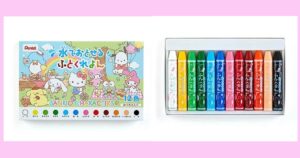 ぺんてる社製　水でおとせるくれよん　クレヨン タキシードサム・ポムポムプリン・シナモロール（シナモン）・ハローキティ・マイスウィートピアノ・けろけろけろっぴ・ポチャッコ・マイメロディ