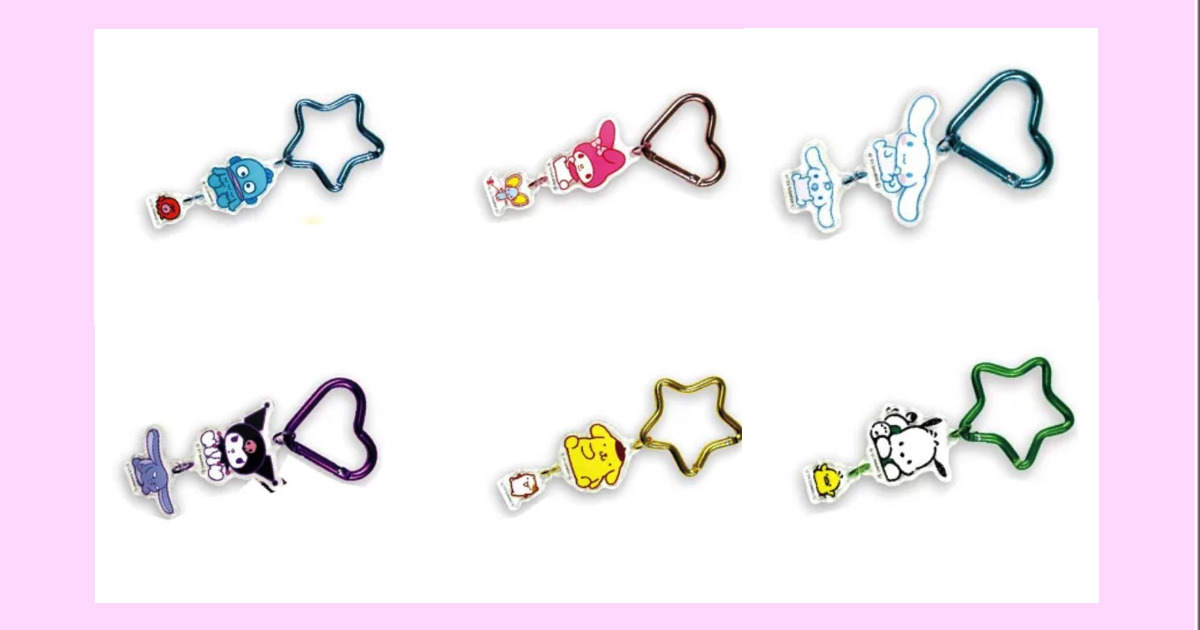 カラビナ付きアクリルキーホルダー ハンギョドン＆さゆりちゃん・マイメロディ＆フラットくん・シナモロール（シナモン）＆みるく・クロミ＆バク・ポムポムプリン＆マフィン・ポチャッコ＆ピーチャンズ