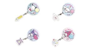 サンリオ　チャーム付き缶バッジ　おともだち　仲間 ポチャッコ＆ピーちゃんズ・シナモロール（シナモン）＆みるく・クロミ＆バク・マイメロディ＆フラットくん